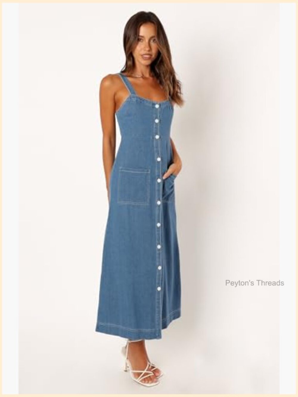 Midi Length Square Neck A-Line Dress with Adjustable Straps - Picture 4 of 7